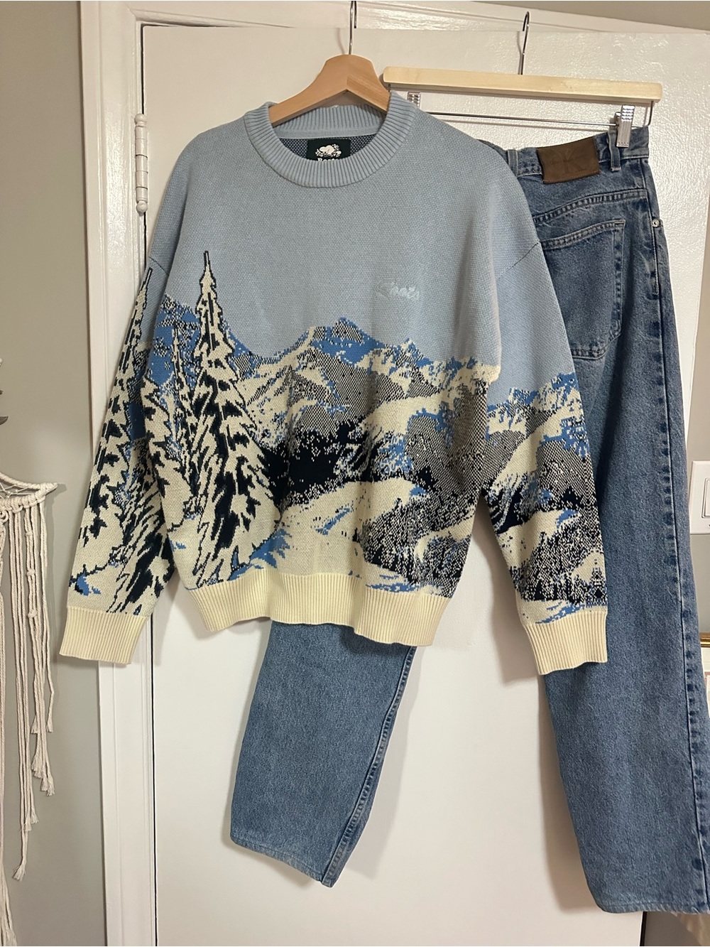 Roots Light Blue, Cream & Navy Mountain Crewneck Sweater